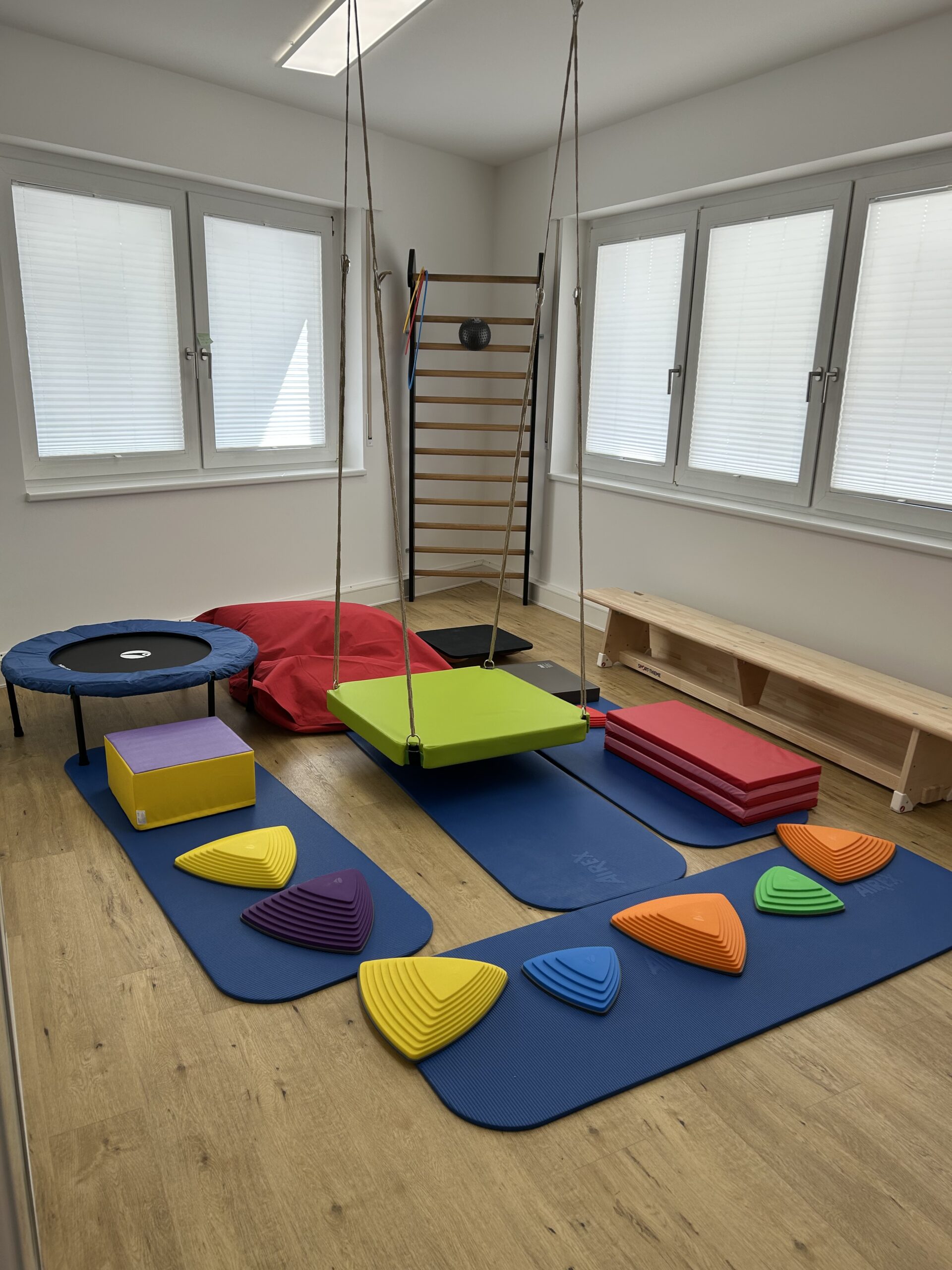 Therapieraum der Kinderphysiotherapie Ritterburg in Münster mit Schaukelsitz, Balancierparcours, Trampolin und Sprossenwand zur Förderung von Gleichgewicht und Motorik